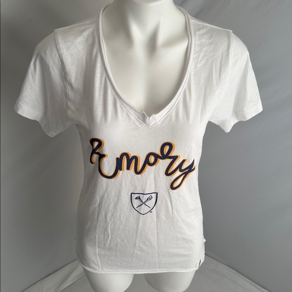 League Apparel Emory University white blue v-neck short sleeve fitted t-shirt